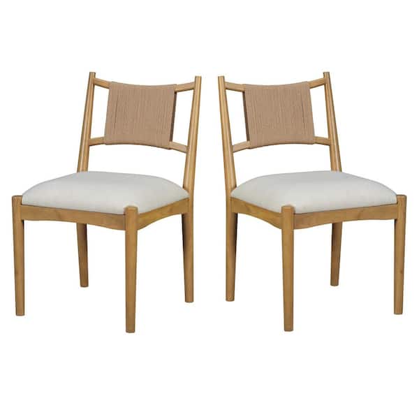 Orelix Modern Light Brown Finish Upholstered Parsons Dining Chairs with Woven Paper Rope Back (Set of 2)