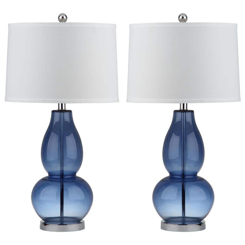 Blue Double Gourd Glass Table Lamp Set with White Shades