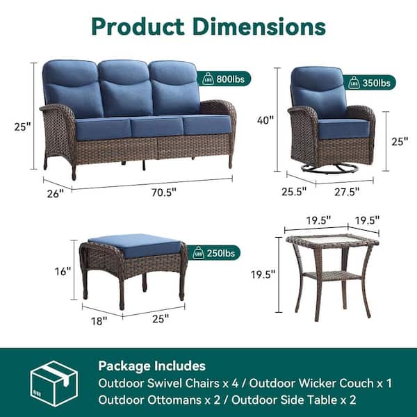 Moonridge 9-Piece Brown Wicker Patio Conversation Set with 6 in. Olefin Blue Cushions/Patio Swivel Chairs with Sofa