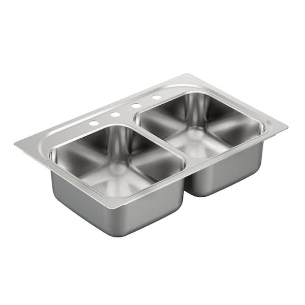 MOEN 2000 Series Drop-In Stainless Steel 33 in. 4-Hole Double Bowl Kitchen Sink with QuickMount