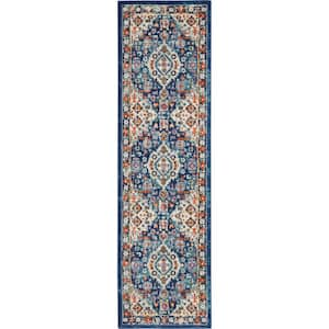 Passion Blue/Multicolor 2 ft. x 8 ft. Bordered Transitional Kitchen Runner Area Rug