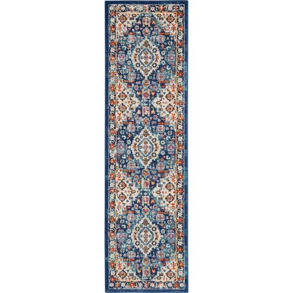 Nourison Passion Blue/Multicolor 2 ft. x 8 ft. Bordered Transitional Kitchen Runner Area Rug