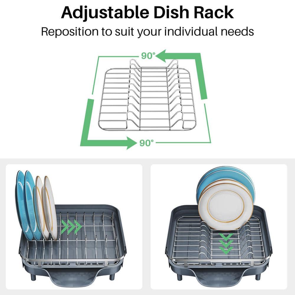 Gray Stainless Steel Expandable Dish Drying Rack with Utensil Holder