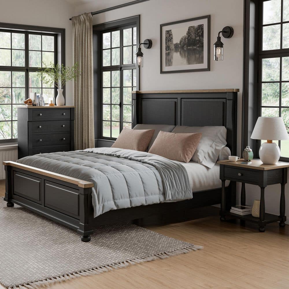 Windcrest 3-Piece Farmhouse Black/Rustic Oak Wood King Panel Bedroom Set with 1-Drawer Nightstand and Chest