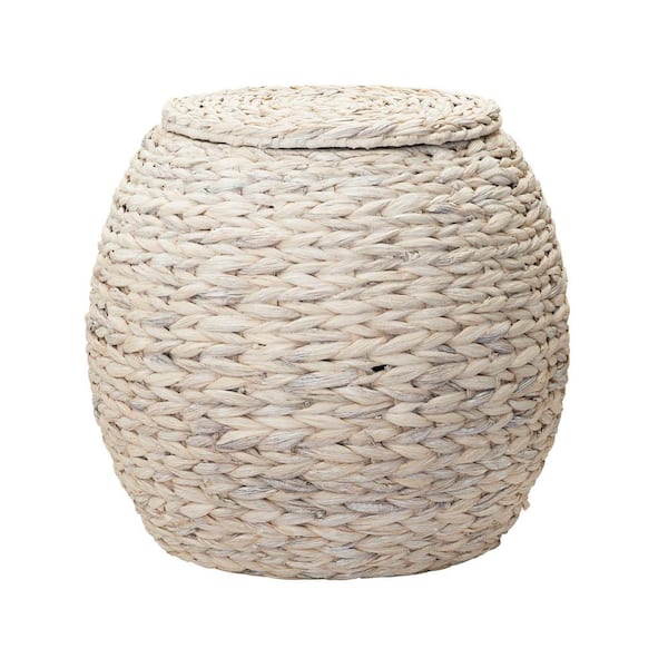 HOUSEHOLD ESSENTIALS 17 in. Barrel Basket Side Table in Hyacinth White Wash