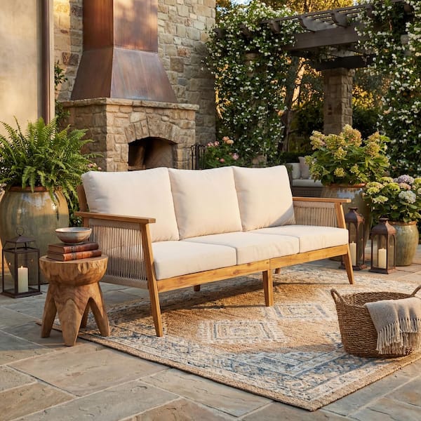 Arlton Patio Teak Finish Solid Wood and Rope Woven Outdoor 3-Seater Sofa Couch with Beige Cushions