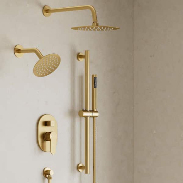 3-Spray Wall Mounted 10 and 6 in. Dual Shower Head and Handheld Shower with 22.3 in. Slide Bar and Valve in Brushed Gold