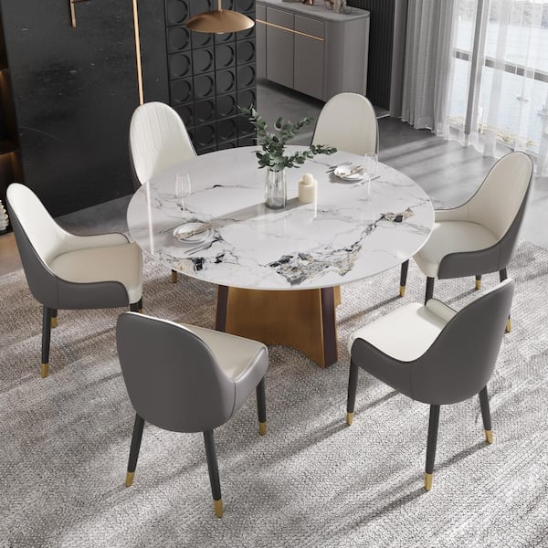J&E Home Pandora White Glossy Sintered Stone Top 59.05 in. Pedestal Round Dining Table with Stainless Steel Titanium Base Seats 8