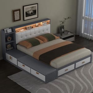 Gray Wood Frame Queen PU Upholstered Platform Bed with Linen Lounge, LED Storage Headboard, USB, Drawers, Shelves