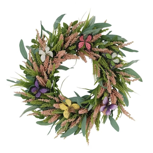 Puleo International 24 in. Artificial Salix Leaf with Butterfly Floral Spring Wreath