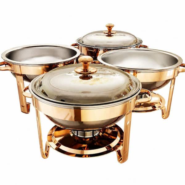 Rose Gold 5 qt Round Stainless Steel Chafing Dish Buffet Set, 4-Pack for Parties and Catering