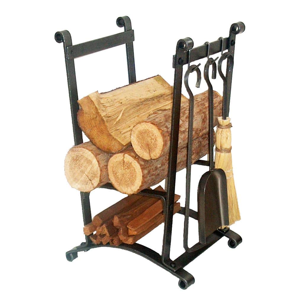 Compact Hammered Steel Curved Firewood Rack with Tools