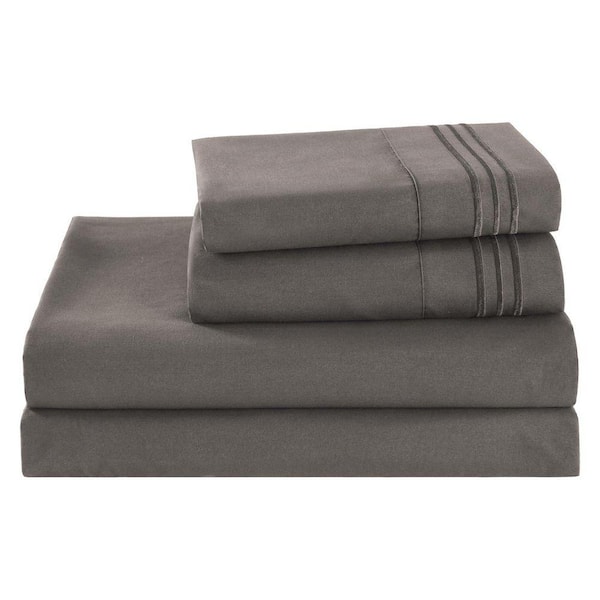 S4PCS 4-Pieces Embroidery Grey Polyester King Size Cooling Bed Sheets Set