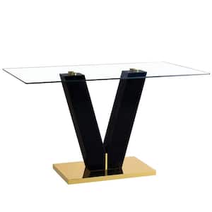 63 in. Black Modern Tempered Glass Rectangular V Shaped Pedestal Dining Table Seats 6