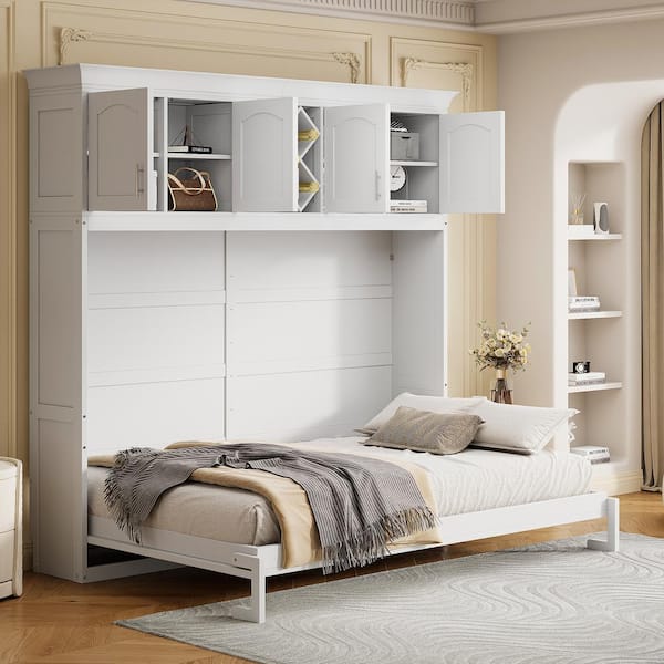 White Wood Frame Queen Size Murphy Bed Wall Bed with Top Cabinets and Wine Rack