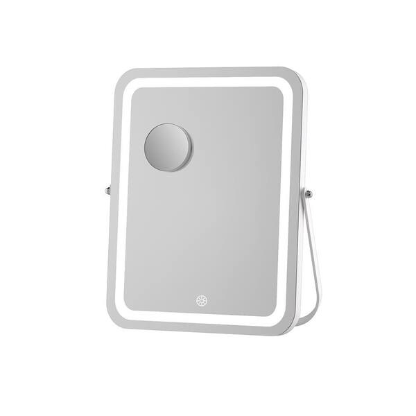 White 12 in W x 14 in. H Rounded Rectangle Framed LED Makeup Mirror with Bluetooth Speaker Vanity Mirror with Lights