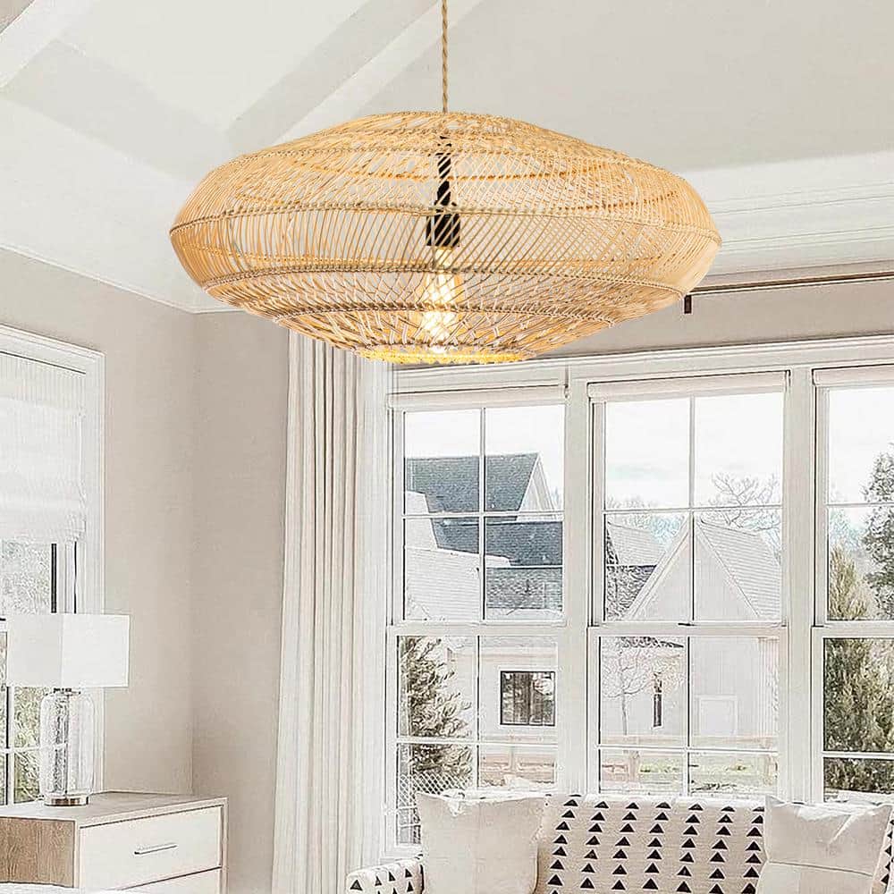 Boho Island-Inspired 23.6" Handmade Rattan Metal Frame Pendant Light