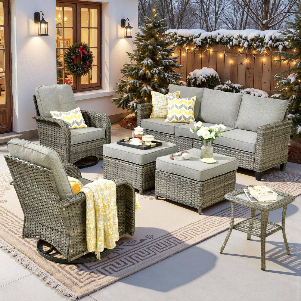Daphne 6-Piece Wicker Patio Conversation Sofa Seating Swivel Rocking Chairs Set with Ottomans and Dark Gray Cushions price history on PriceWatchPro