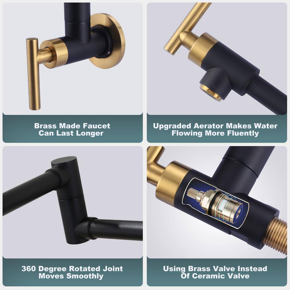Black and Gold Brass Wall Mounted Pot Filler with Double Handle