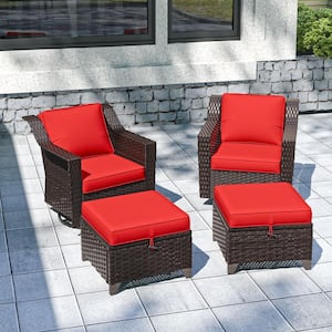 4-Piece Wicker Patio Conversation Set Swivel Outdoor Rocking Chair with Red Cushions