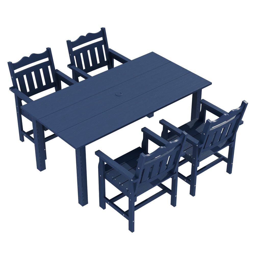 5-Piece Plastic Outdoor Patio Dining Set, Rectangular Table with Umbrella Hole and 4-Chairs in Navy Blue price history on PriceWatchPro