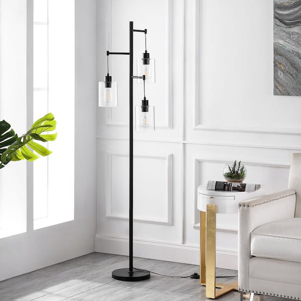 69 in. Black 3-Light Tree Floor Lamp with Clear Glass Shade