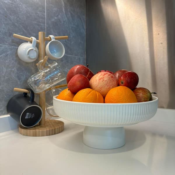 1 Piece 11 in. White Ceramic Fruit Bowl for Kitchen Counter, Spacious Pedestal Bowl Blending Decor with Large Storage