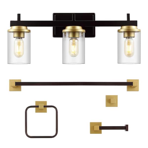 JONATHAN Y Liam 23.25 in. 3-Light Vanity Light with Bathroom Hardware Accessory Set, Oil Rubbed Bronze/Gold Painting (5-Piece)