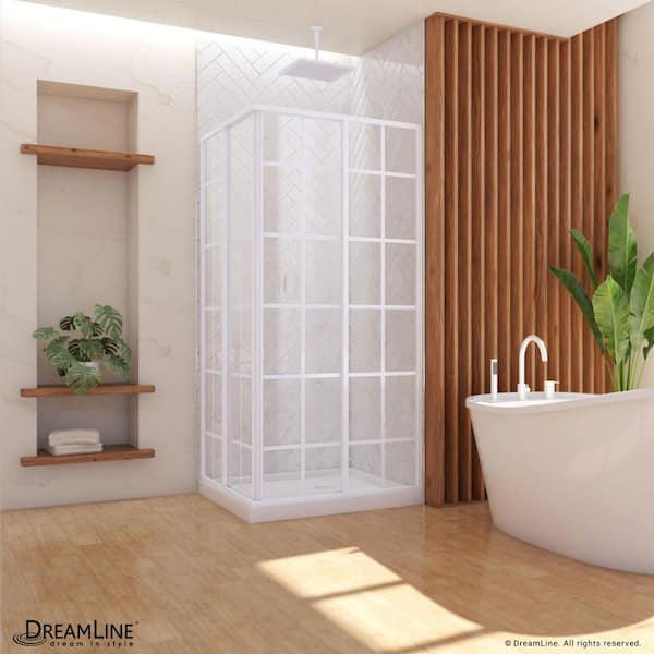 DreamLine French Corner 36 in. D x 36 in. W x 74-3/4 in. H Sliding Framed Corner Shower Enclosure with Drain White Base