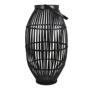 Black Natural Fiber Tabletop Lantern with Cylindrical Decoration and Stable Base Natural Fiber, Glass