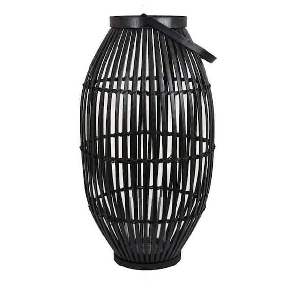 Benjara Black Natural Fiber Tabletop Lantern with Cylindrical Decoration and Stable Base Natural Fiber, Glass