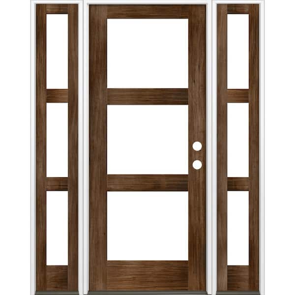 Krosswood Doors 60 in. x 96 in. Modern Hemlock Left-Hand/Inswing 3-Lite Clear Glass Provincial Stain Wood Prehung Front Door with DSL