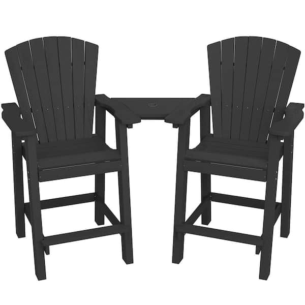 JEAREY Balcony Chair Plastic Tall Adirondack Chair Set of 2 Outdoor Adirondack Barstools with Connecting Tray in Black