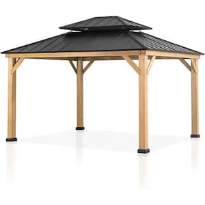 13 ft. x 11 ft. Cedar Wood Outdoor Gazebo with Double Hardtop Roof, Mosquito Netting, Galvanized Roof for Patio Garden