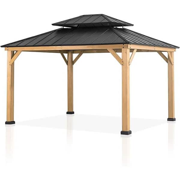 Zeus & Ruta 13 ft. x 11 ft. Cedar Wood Outdoor Gazebo with Double Hardtop Roof, Mosquito Netting, Galvanized Roof for Patio Garden