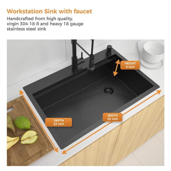 33 in. Drop-In Single Bowl 18-Gauge Black Stainless Steel Workstation Kitchen Sink with Waterfall and Pull-Down Faucet