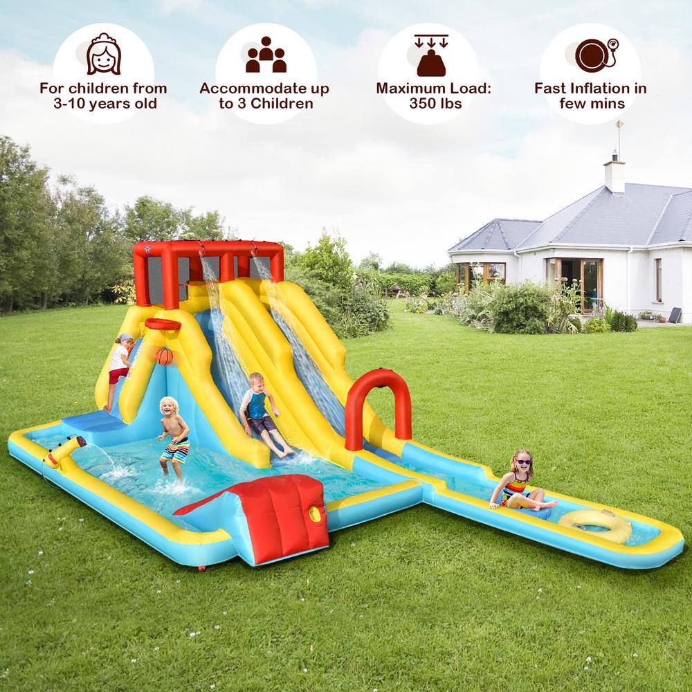Multi-Color Inflatable Bounce House with Dual Slides and Water Park
