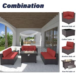 8-Piece Wicker Patio Conversation Set with 55000 BTU Gas Fire Pit Table and Glass Coffee Table and Red Cushions