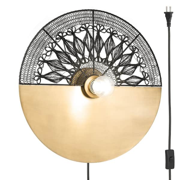 Pearse 17.5 in. Brushed Gold Cylinder 1-Light Wall Sconce with Black/Gold Round Shade