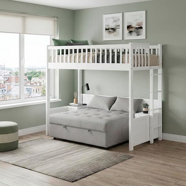 Lazzara Jovie White Twin Loft Bunk Bed with Night Stand and Sofa