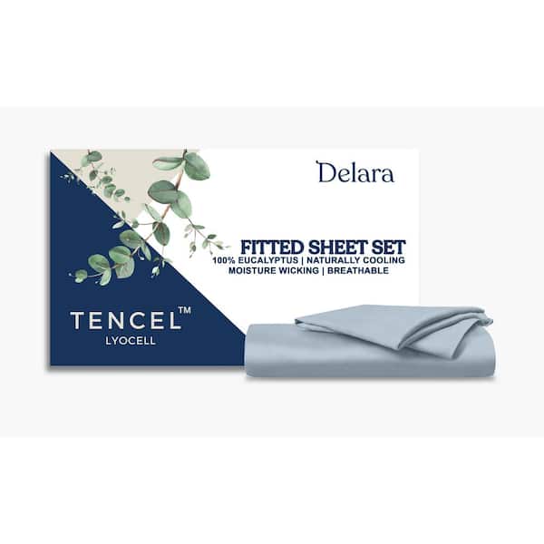 Delara Delara 3-Piece Set-Light Blue Solid 100% Eucalyptus Lyocell Tencel, Full,Smooth and Breathable, Fitted Sheet Sets
