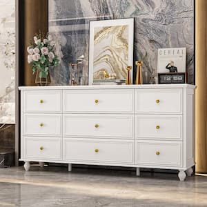 White Wooden 9-Drawer 63 in. W, Dresser, Chest of Drawers, Modern European Style