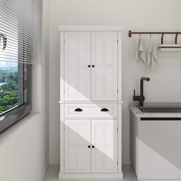 6-Shelf White Wood Kitchen Pantry Organizer Linen Cabinet Kitchen Island with Adjustable Shelves, Drawer