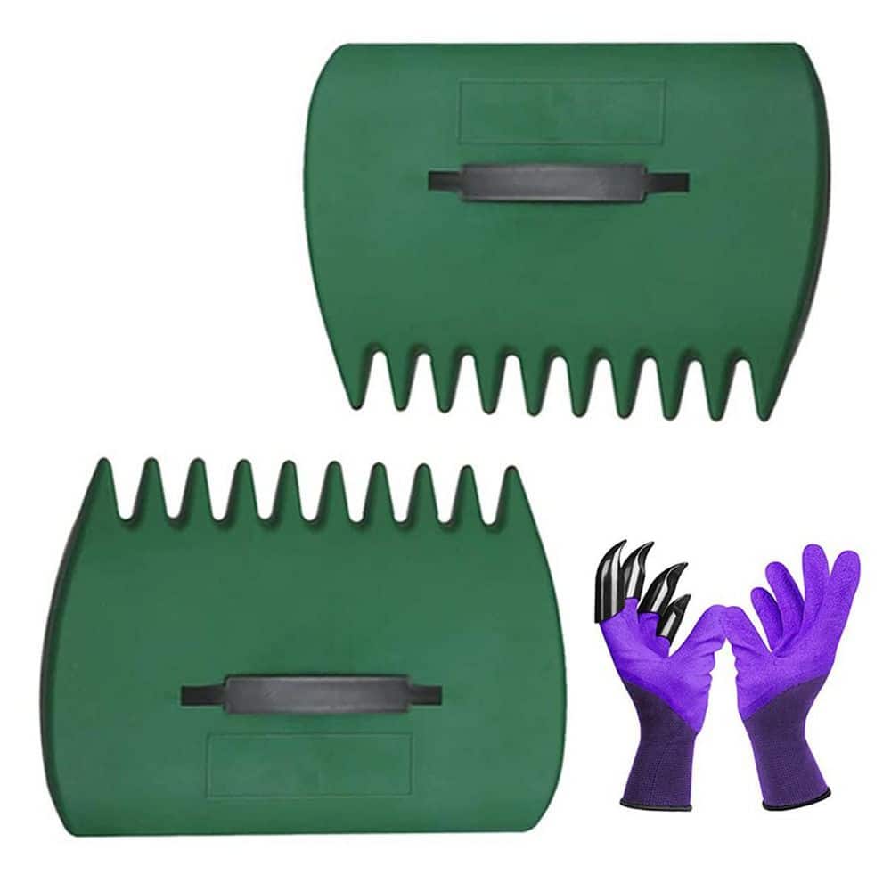 13 in. Green 1 Pair Garden and Yard Leaf Scoops Multiple Hand Rakes with 1 