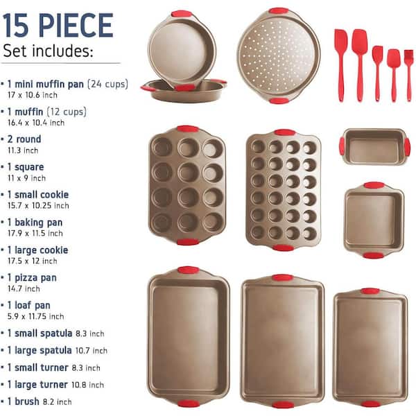 15 Pc Bakeware Set Nonstick Carbon Steel Oven Safe Silicone Handles Baking  Kit