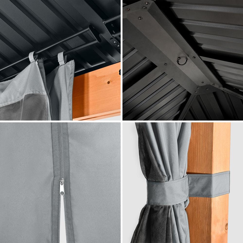 11' x 13' Wooden Patio Gazebo with Black Metal Roof and Gray Curtains