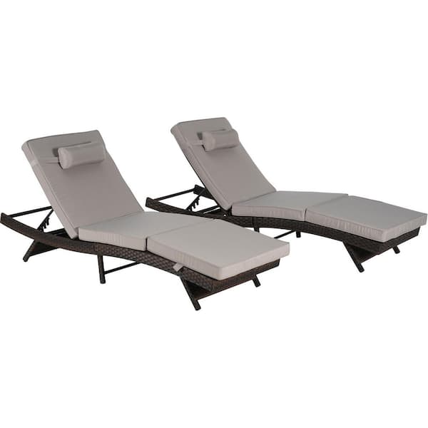 Outdoor Armless Chairs 2-Pieces Wicker and Metal Outdoor Recliner with Grey Cushions