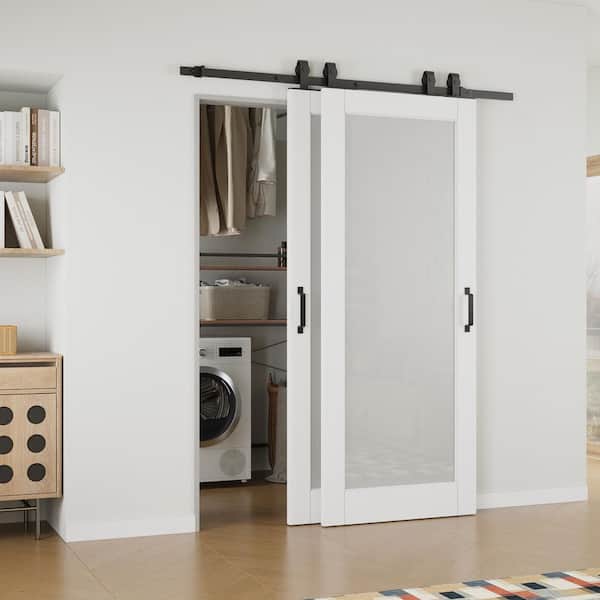 56 in. x 80 in. (Double 32 in.) 1-Lite Frosted Glass White Primed MDF Sliding Barn Door with Hardware Kit Bypass