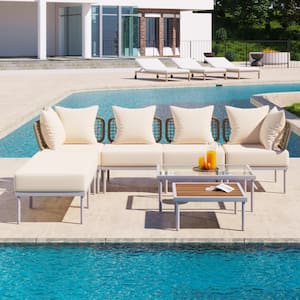 8-Piece Metal Patio Conversation Set Patio Sectional Sofa Set with Coffee Tables and Beige Cushions