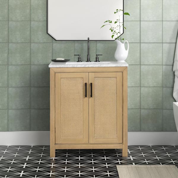 HOMEVY STUDIO Collinsville 30 in. W x 21 in. D x 35 in. H Single Sink Freestanding Bath Vanity in Natural Oak with Carrara Marble Top